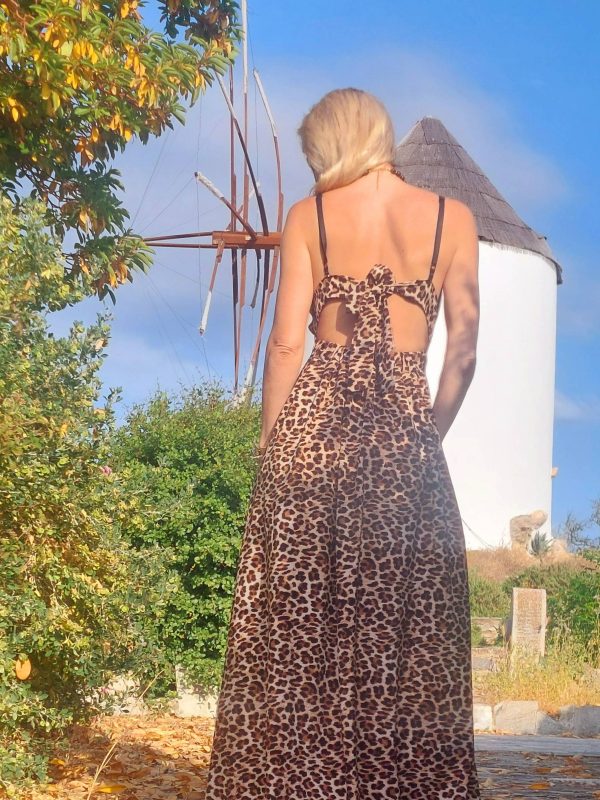 Φόρεμα μακρύ τιγρε με  ενίσχυση στο στήθος δένει  στην πλάτη