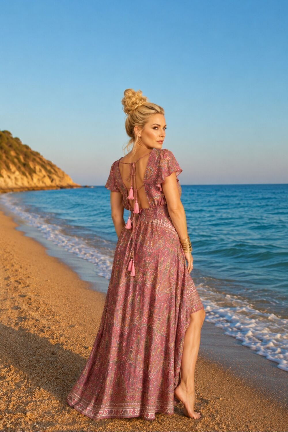 Boho Maxi Φόρεμα One Size με Σφηκοφωλιά & Ανοιχτή Πλάτη