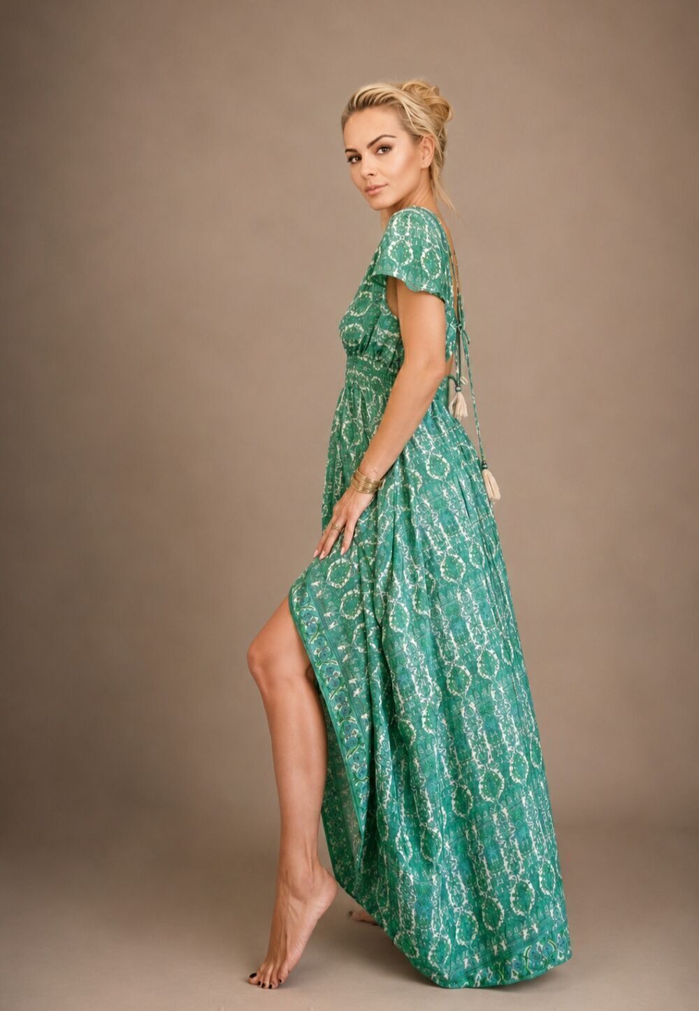 Boho Maxi Φόρεμα One Size με Σφηκοφωλιά & Ανοιχτή Πλάτη - Image 3